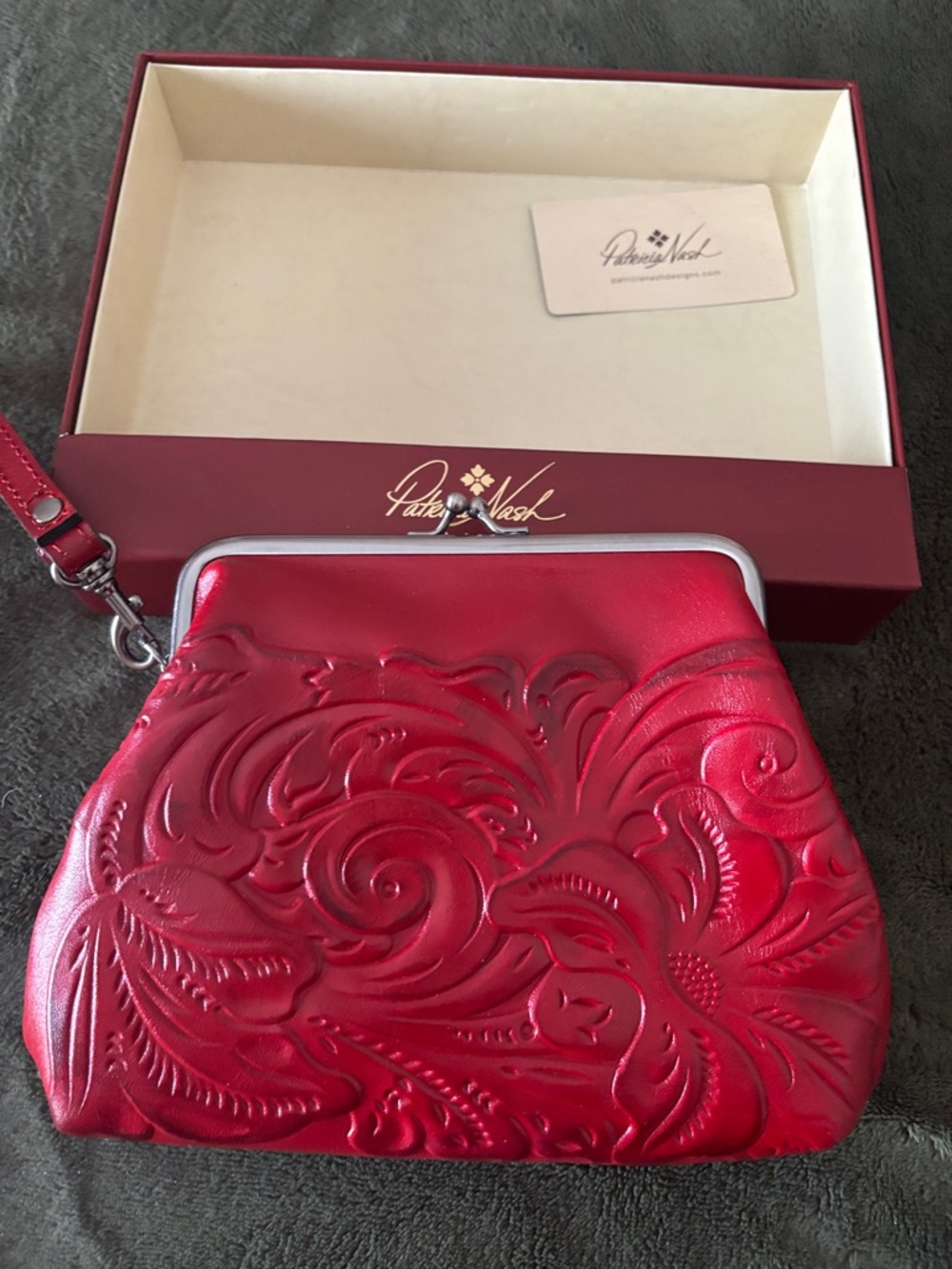 Patricia Nash Red Embossed Leather Kiss-Lock Wristlet